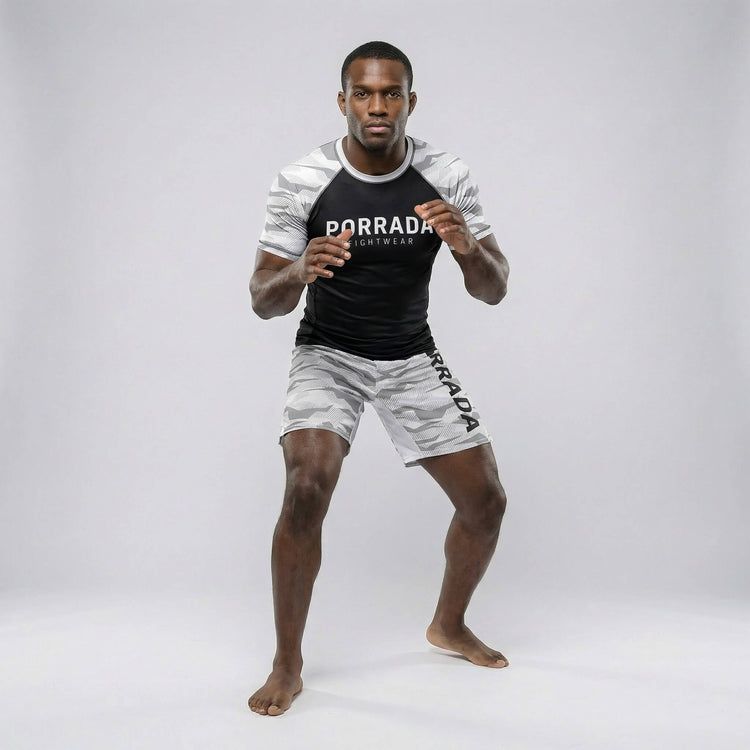 Performance men’s short-sleeve rash guard in white camo for training and competition