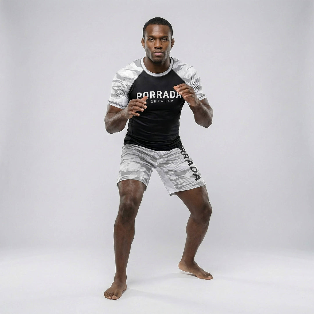 White camo grappling fight shorts designed for BJJ and MMA training
