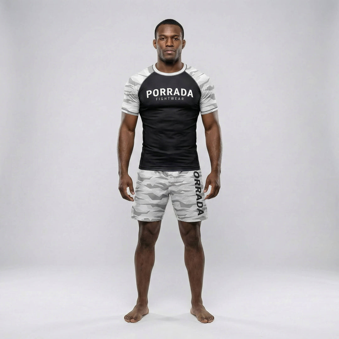 White camo compression rash guard for no-gi BJJ and MMA workouts