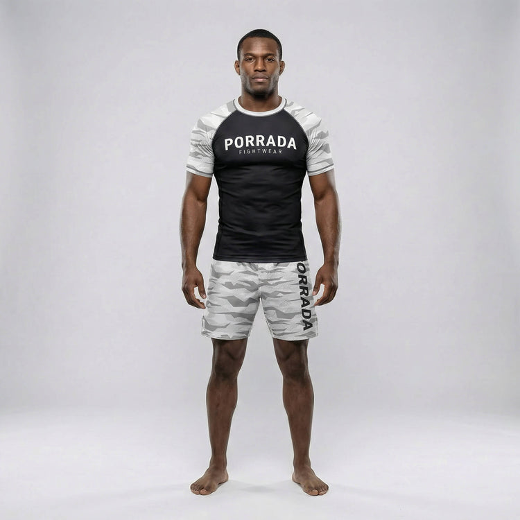 White camo compression rash guard for no-gi BJJ and MMA workouts