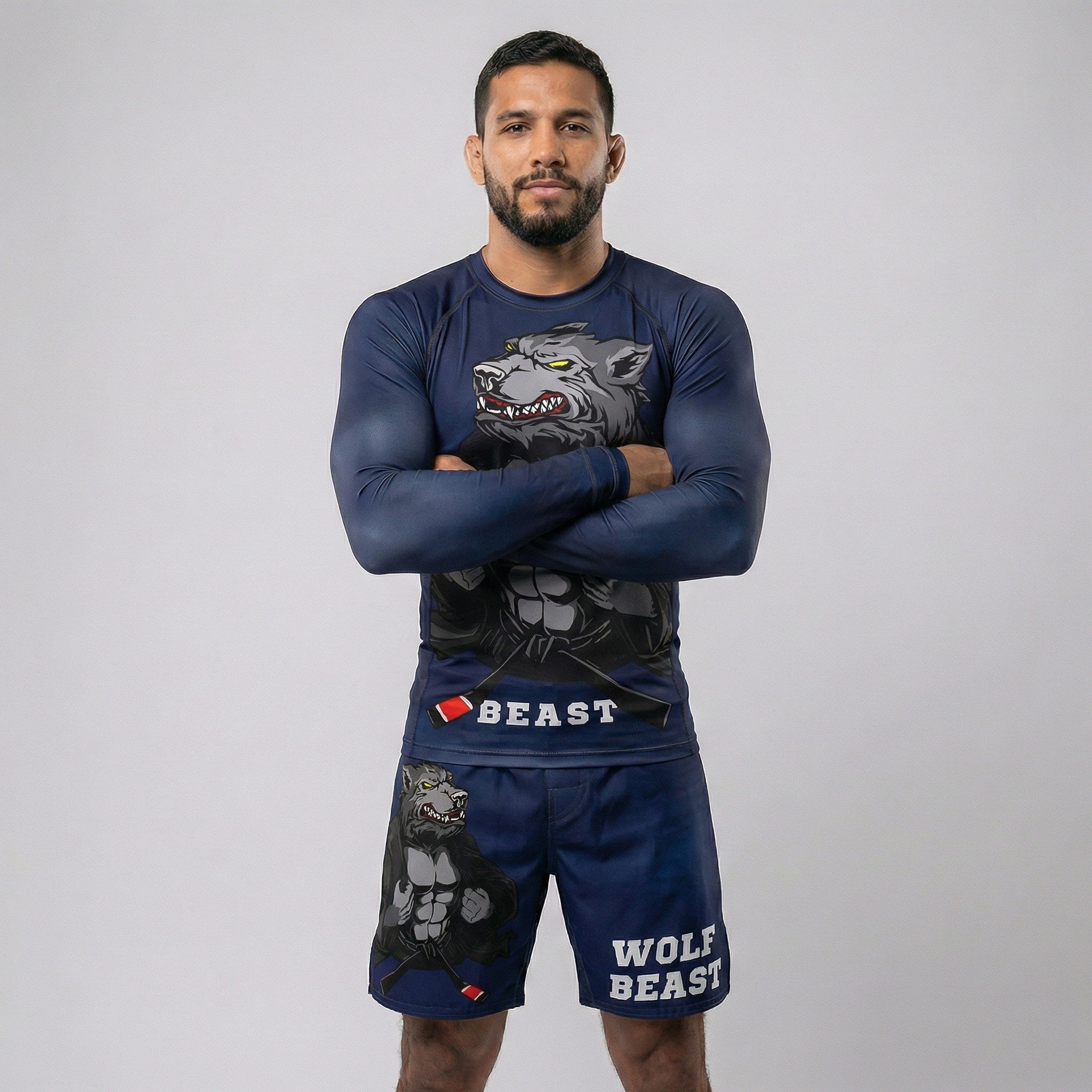 Performance rash guard with Wolf Beast design for combat sports